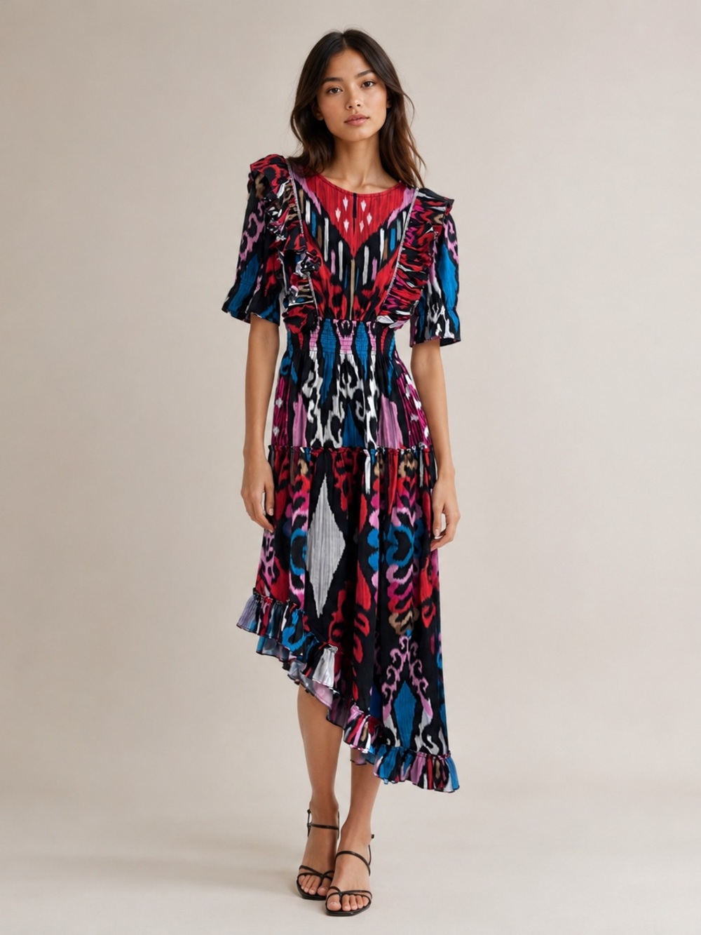 Sheridan French Ikat print Asymmetrical Ruffle Midi Dress size XS